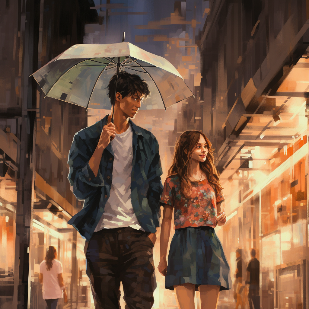 Two friends standing in rain on Asian street