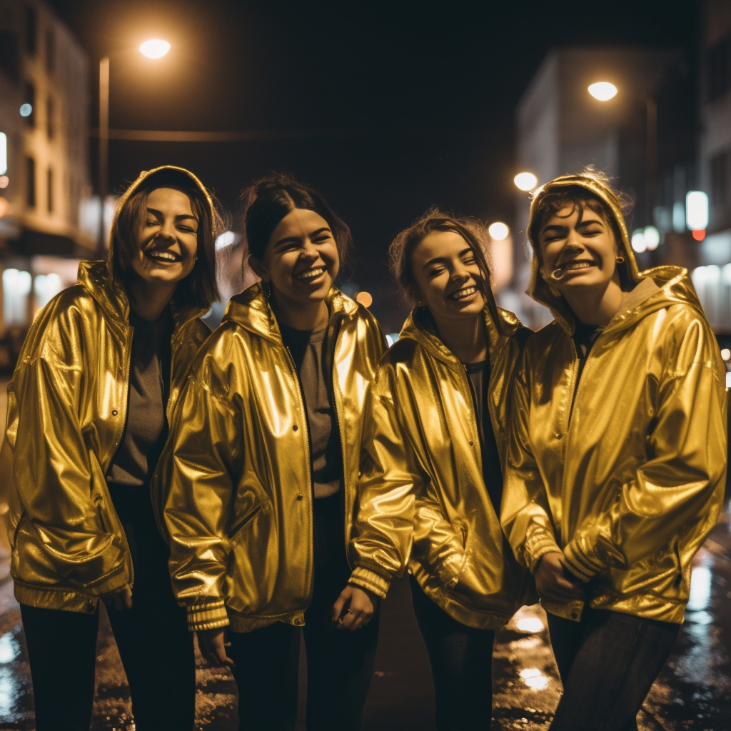 Four friends smiling in yellow reflection jackets