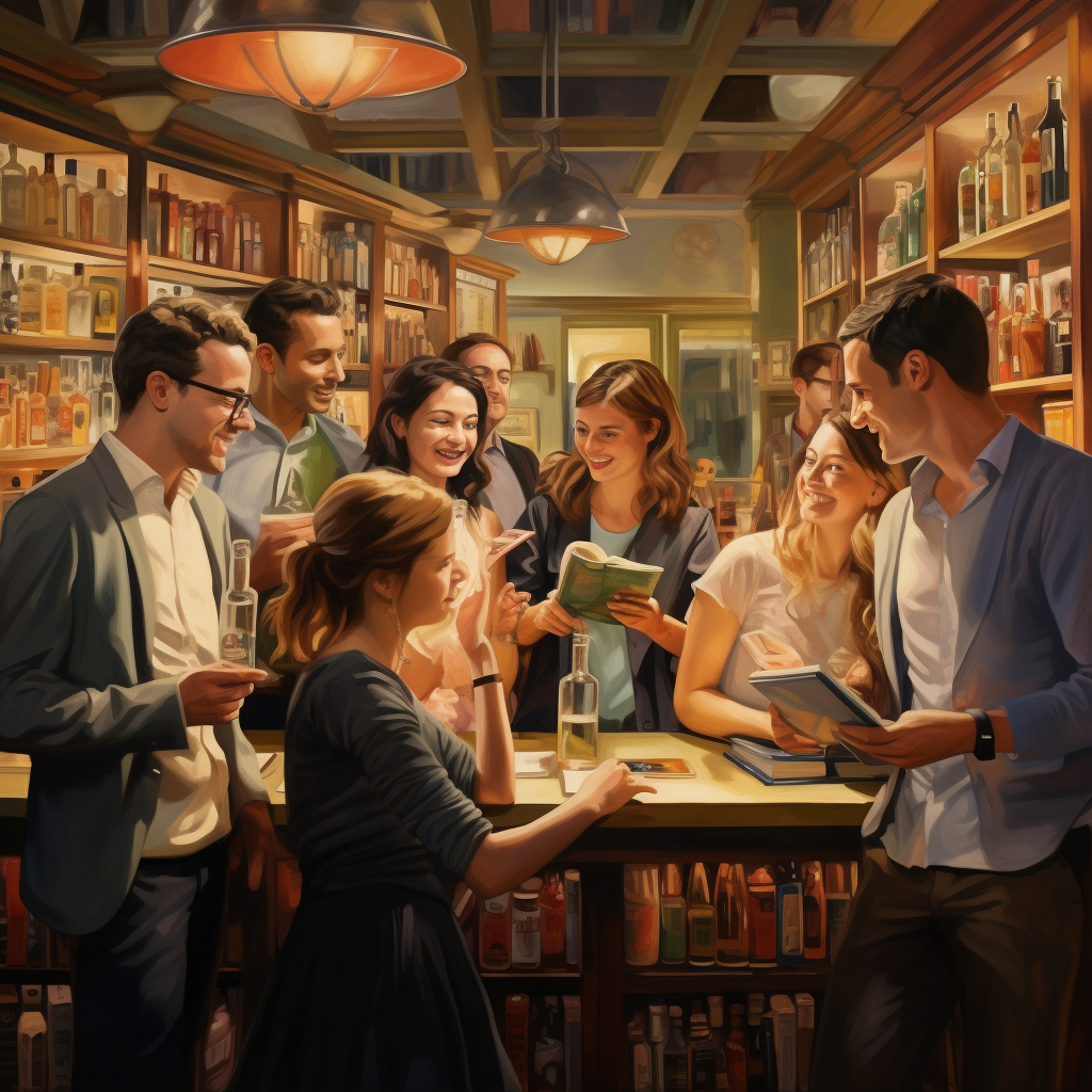 Friends sharing a book and a cocktail in a French bookstore