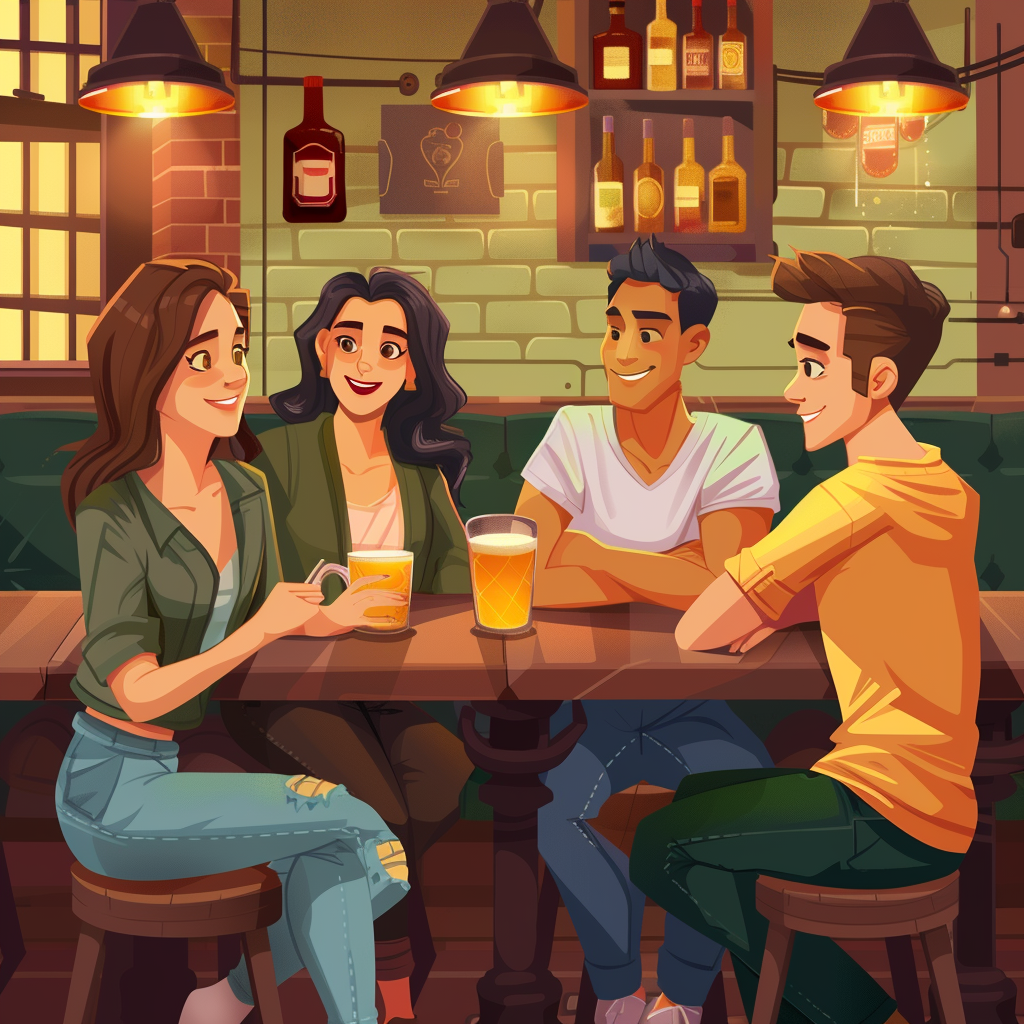 Cartoon friends drinking at pub