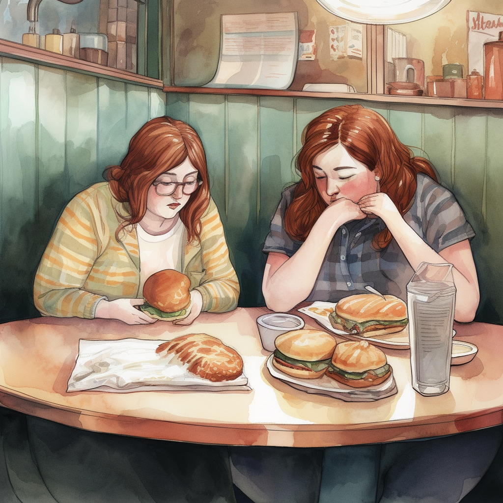 Two friends sharing stories and sandwiches in a diner