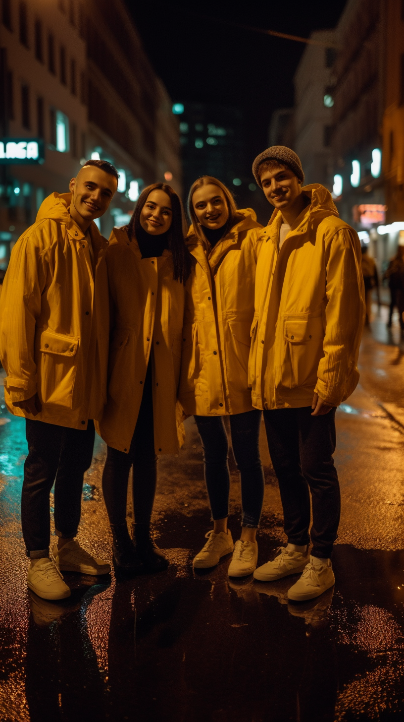 Group of Friends Smiling in the Streets at Night