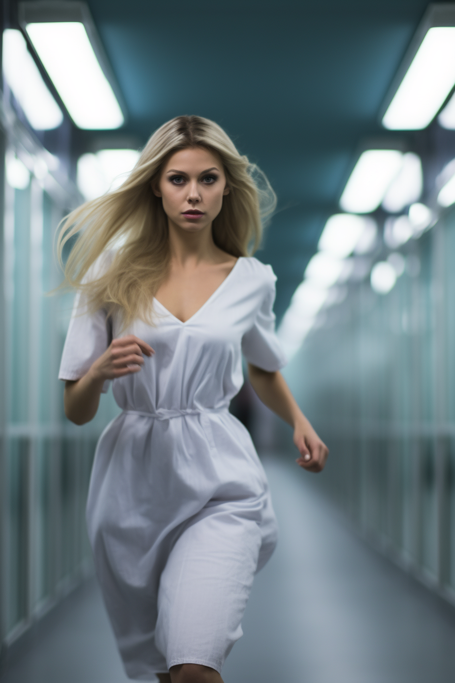 Frightened young blonde woman running in hospital hallway