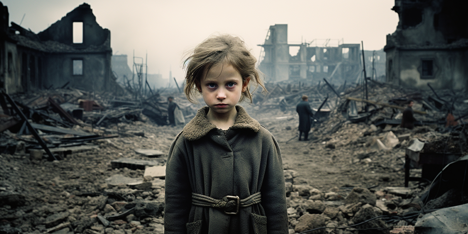 Image of frightened child amidst ruins