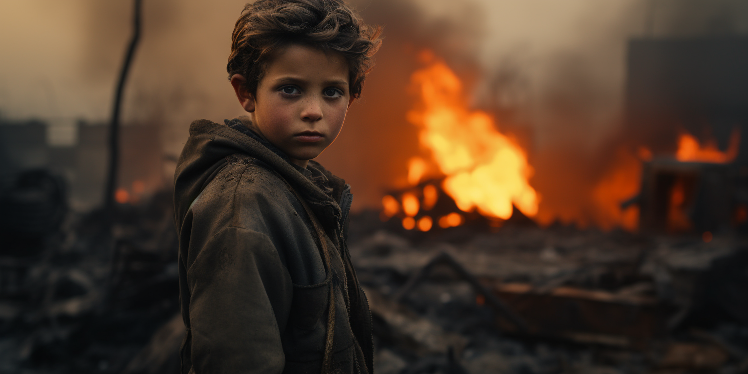 Frightened child amidst burning ruins