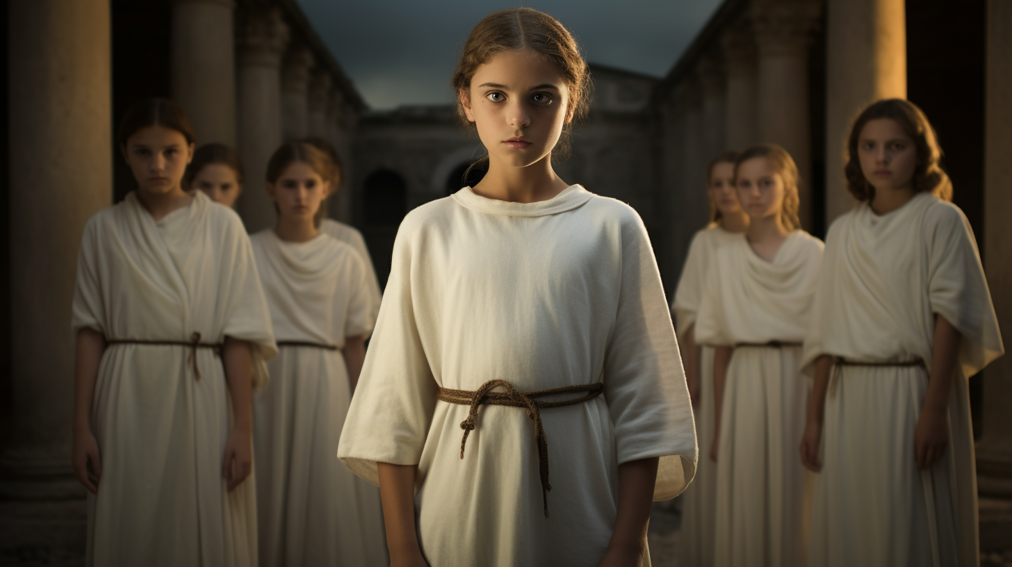 Frightened girl with group of women in Roman temple