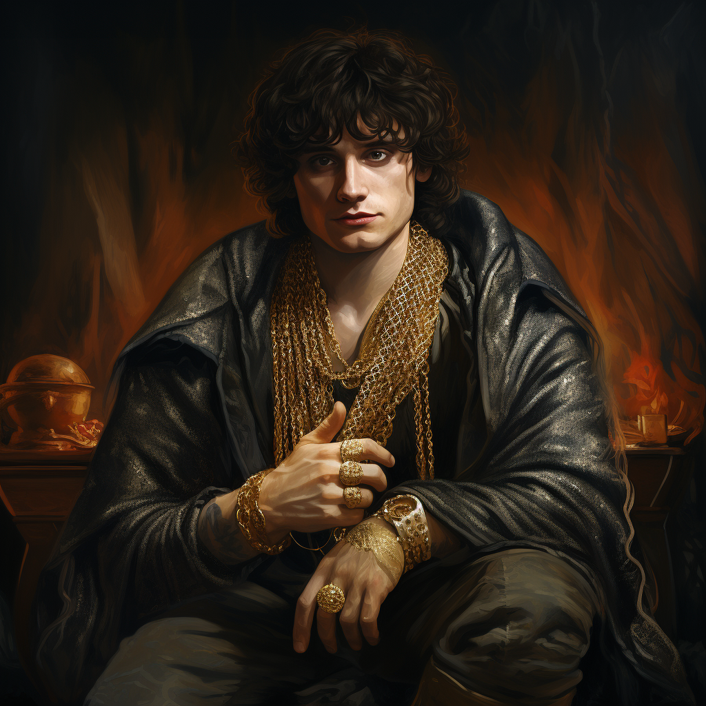 Frodo in gangsta attire with bling