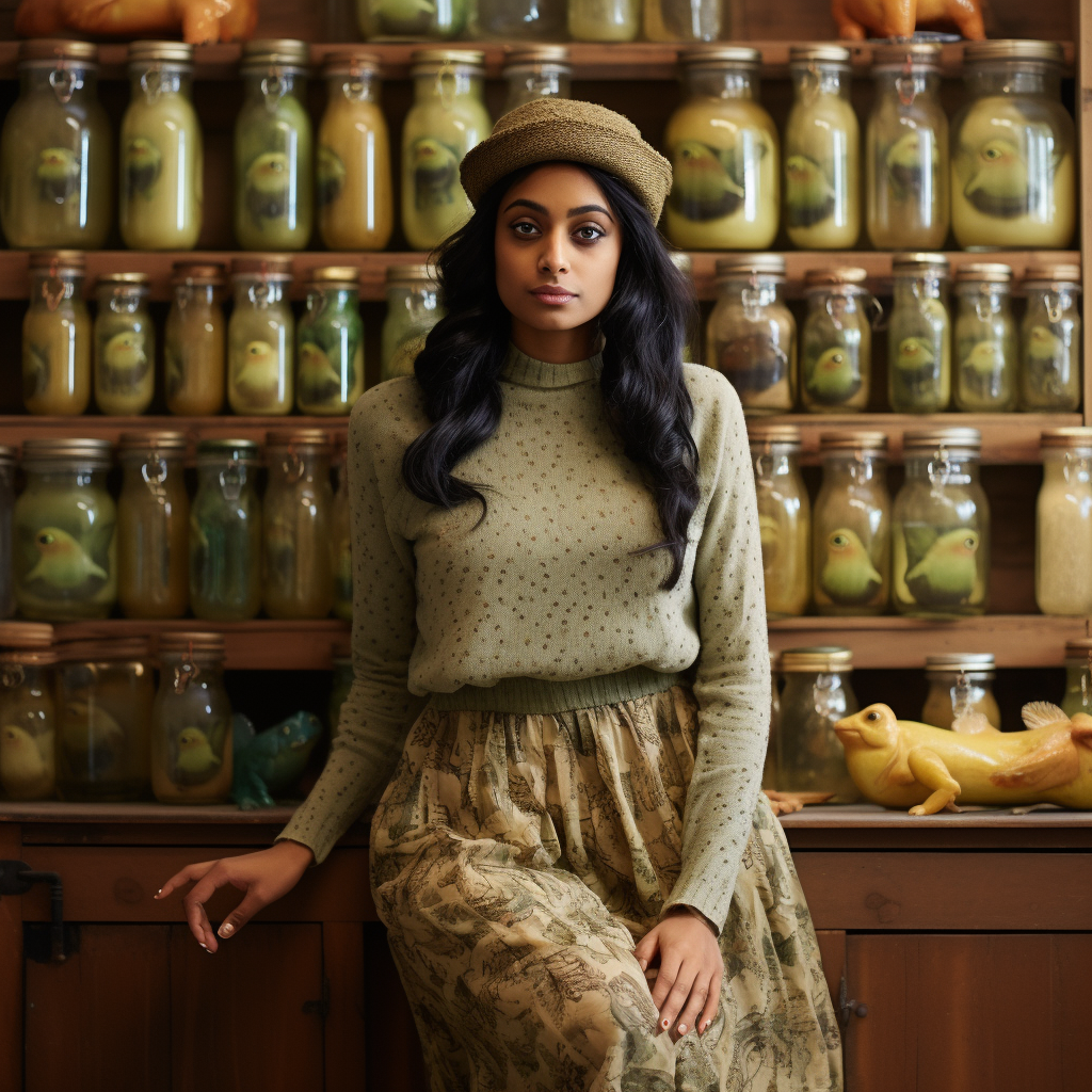 Fashionable Indian woman in Frog and Toad-inspired streetwear