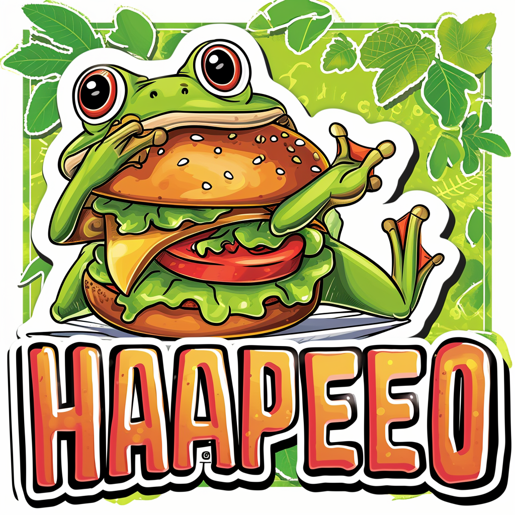 Cartoonish colorful frog eating hamburger sticker