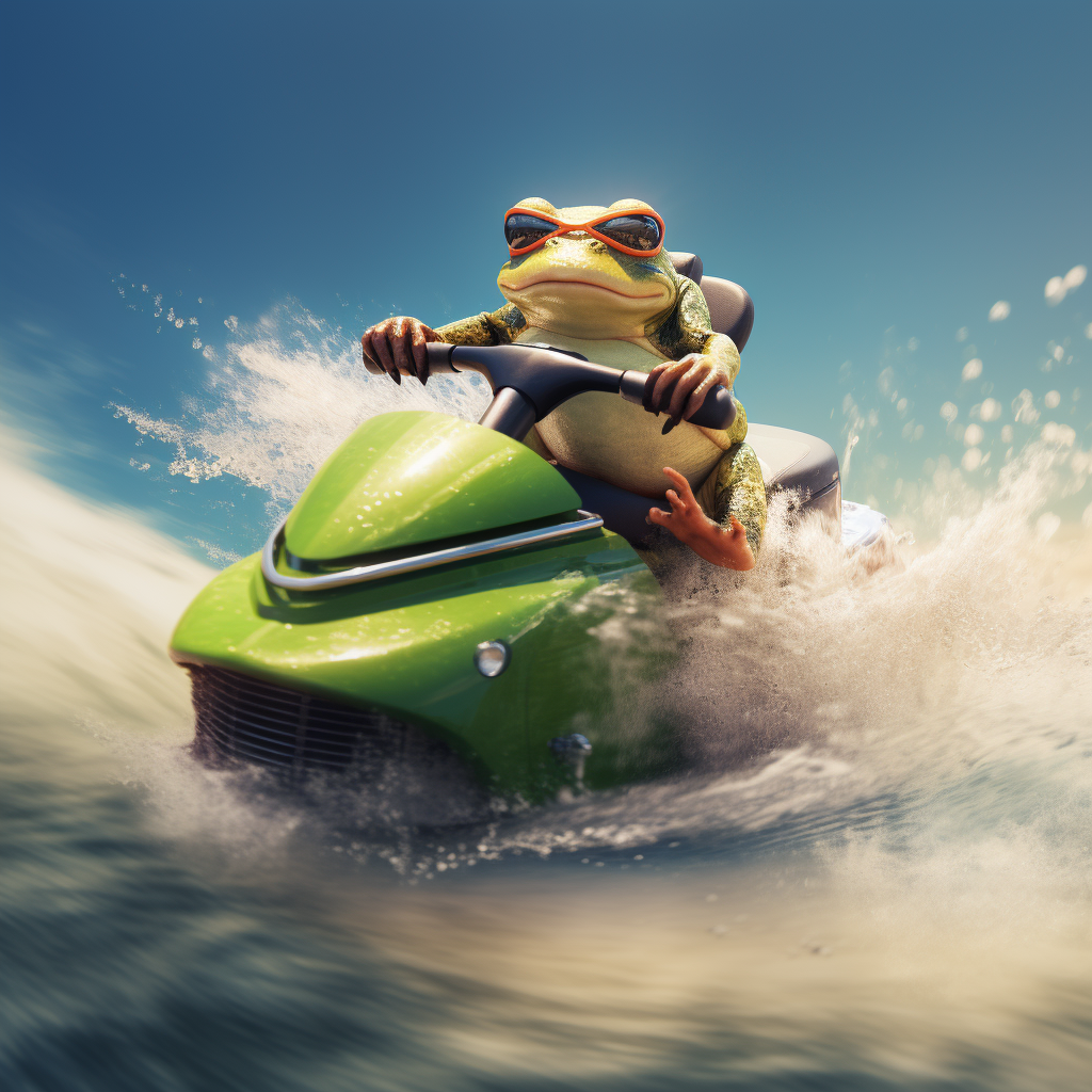 Adventurous frog riding a jet ski