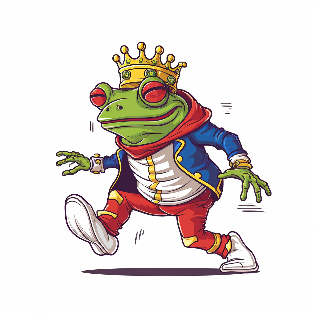 Frog running with a crown and red sneakers