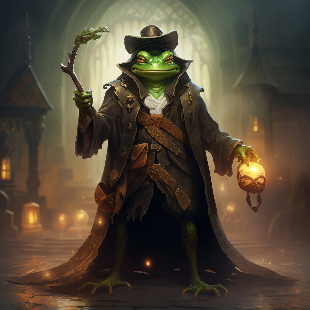 Cartoon Frog Warlock studying with magical background