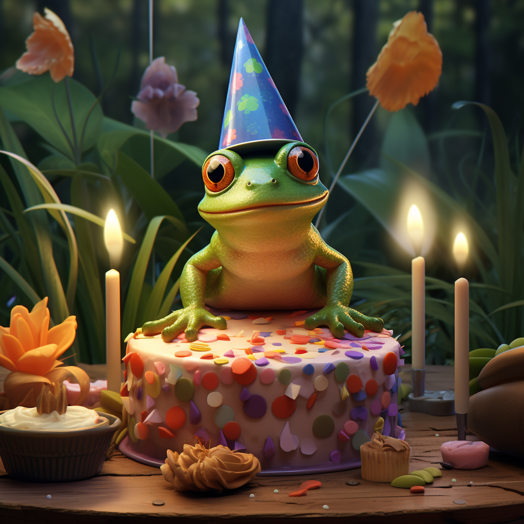 Frog wearing birthday hat and cake