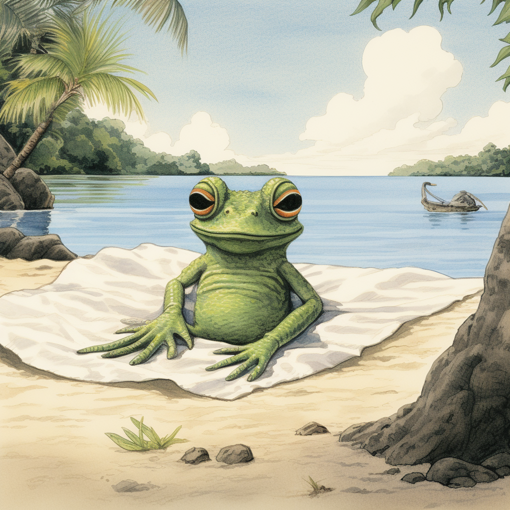 Frog Character Relaxing on Beach