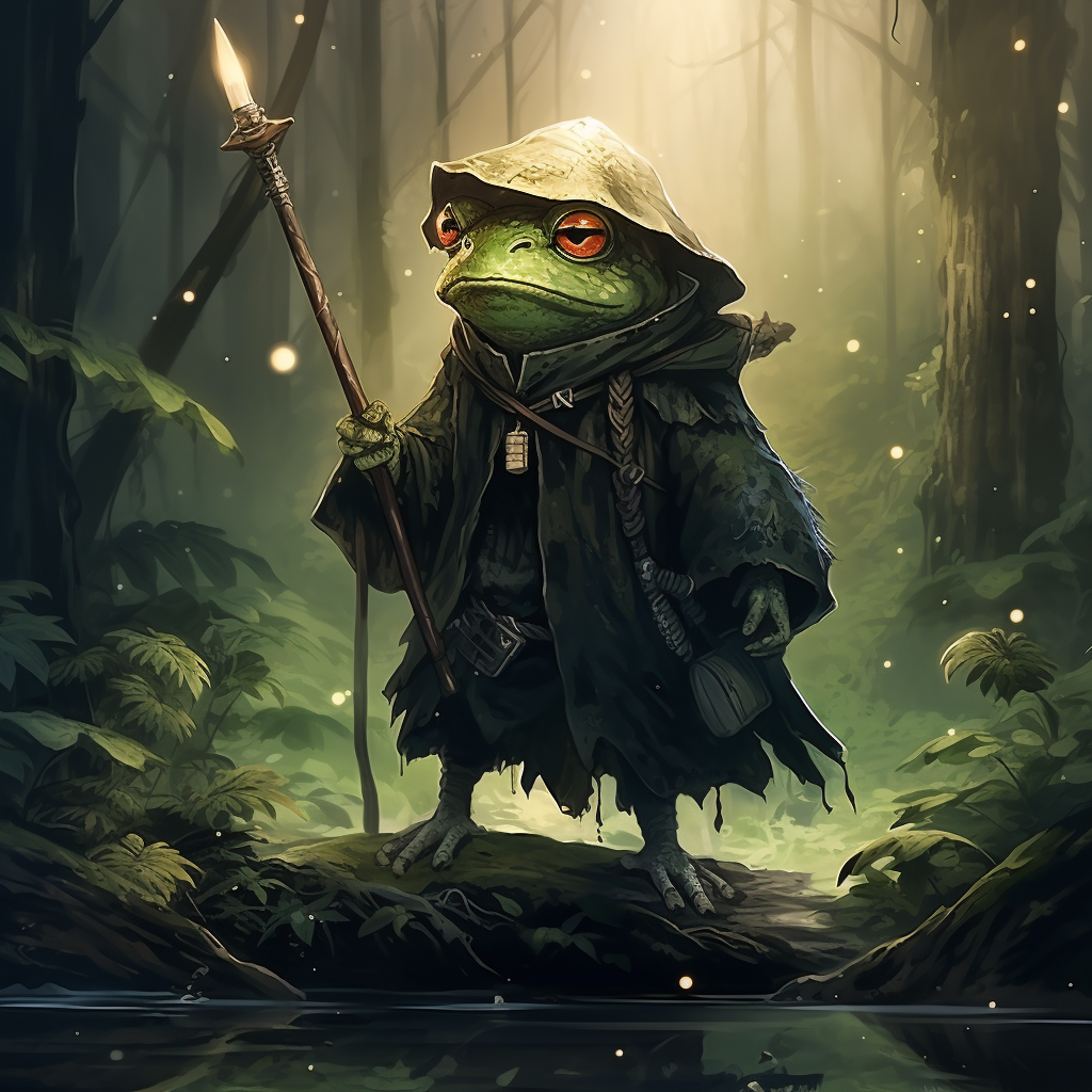 Frog gnome wizard in dark forest with battle scars