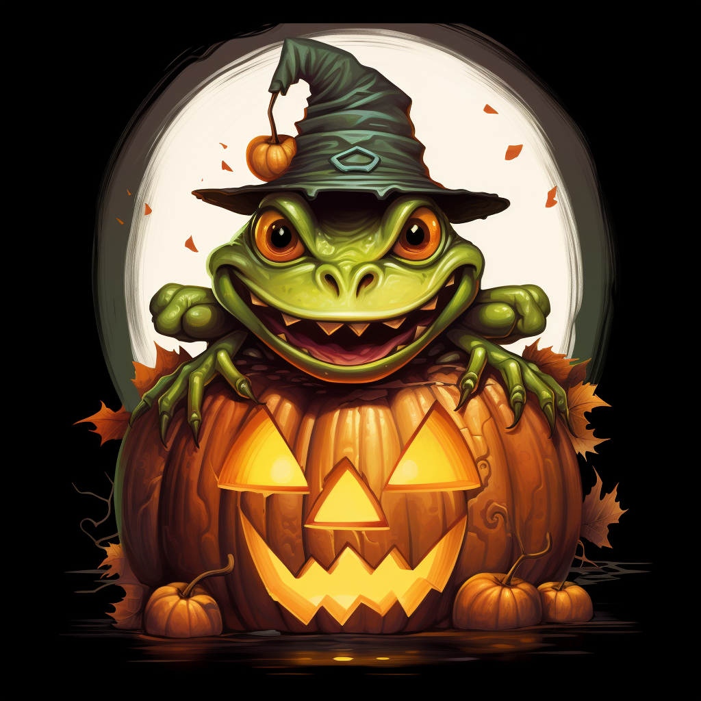 Cartoon frog peeking Jack-o-Lantern