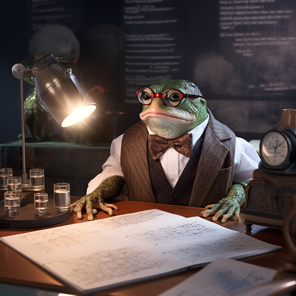 Frog studying investment stock charts