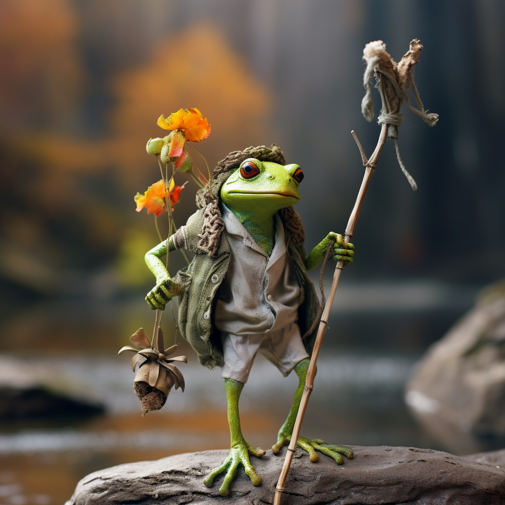 Cute frog traveler with knot on stick