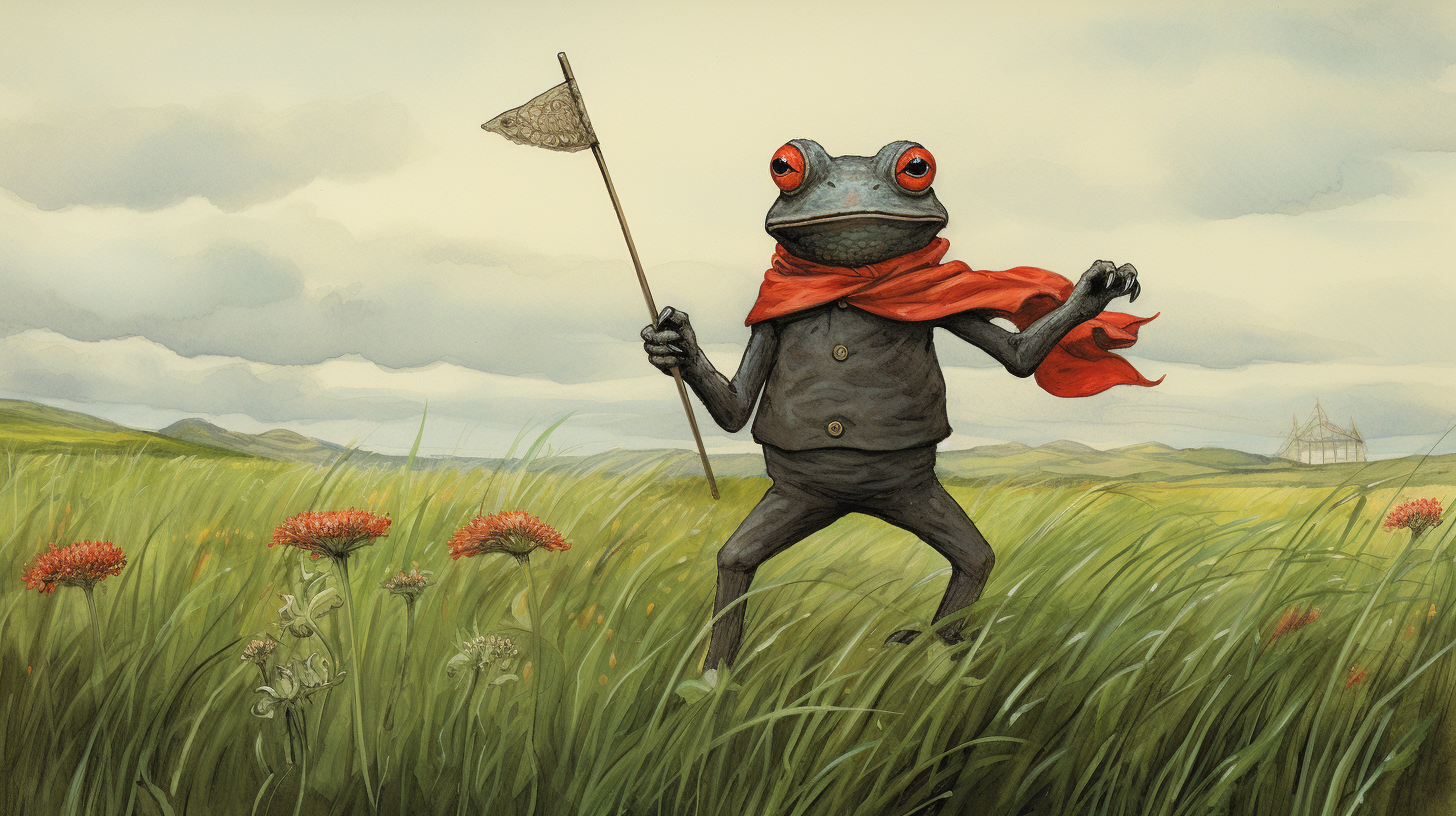 Illustration of a frog holding a red kite in a grassy field