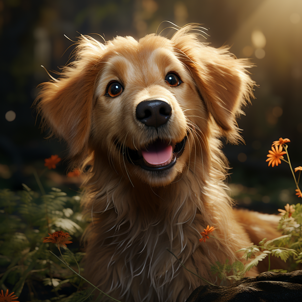 Cute froggy golden retriever dog in the forest