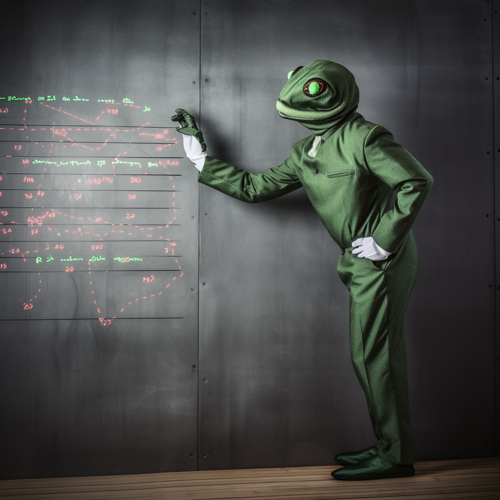 Frogman in Suit Pointing to Rising Share Market Billboard