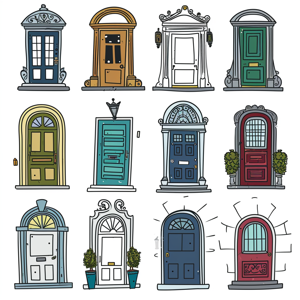 Cartoon front doors in quarter view