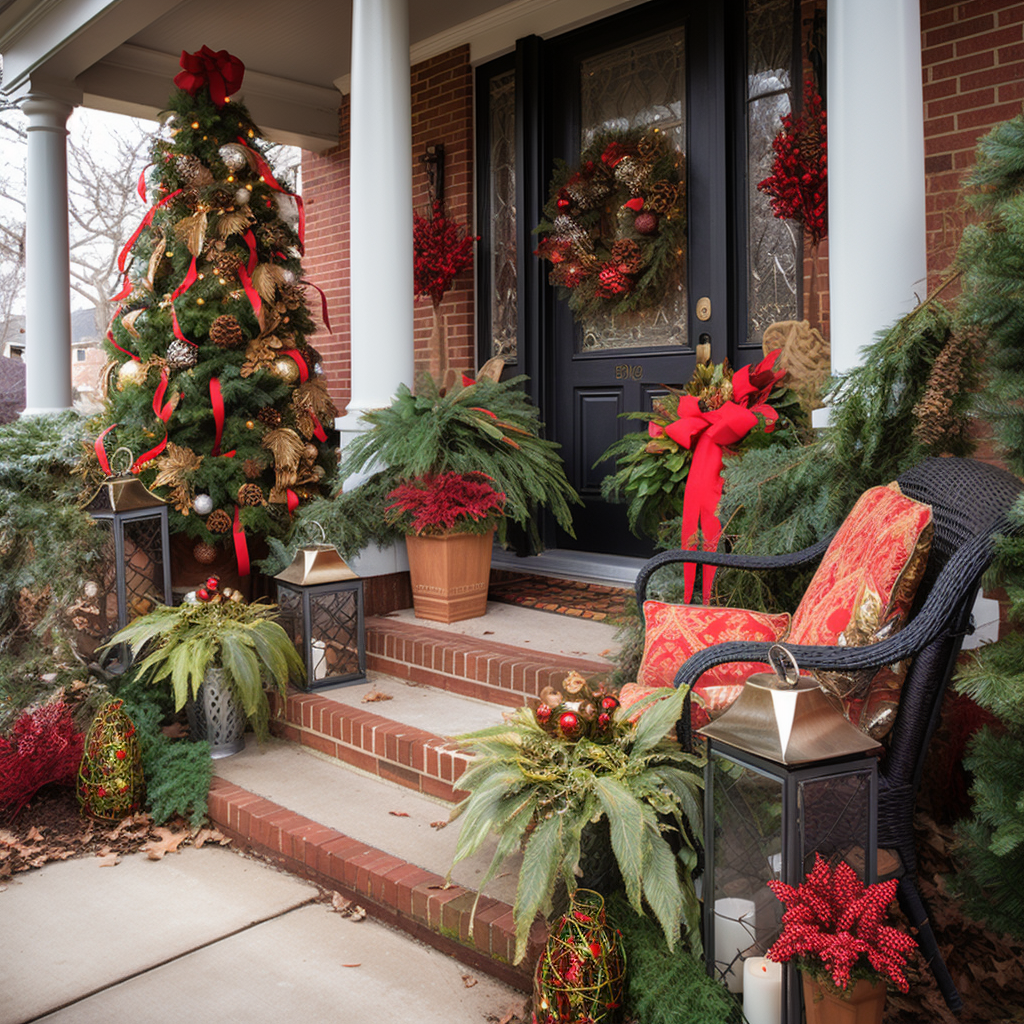 Christmas-themed front porch garden