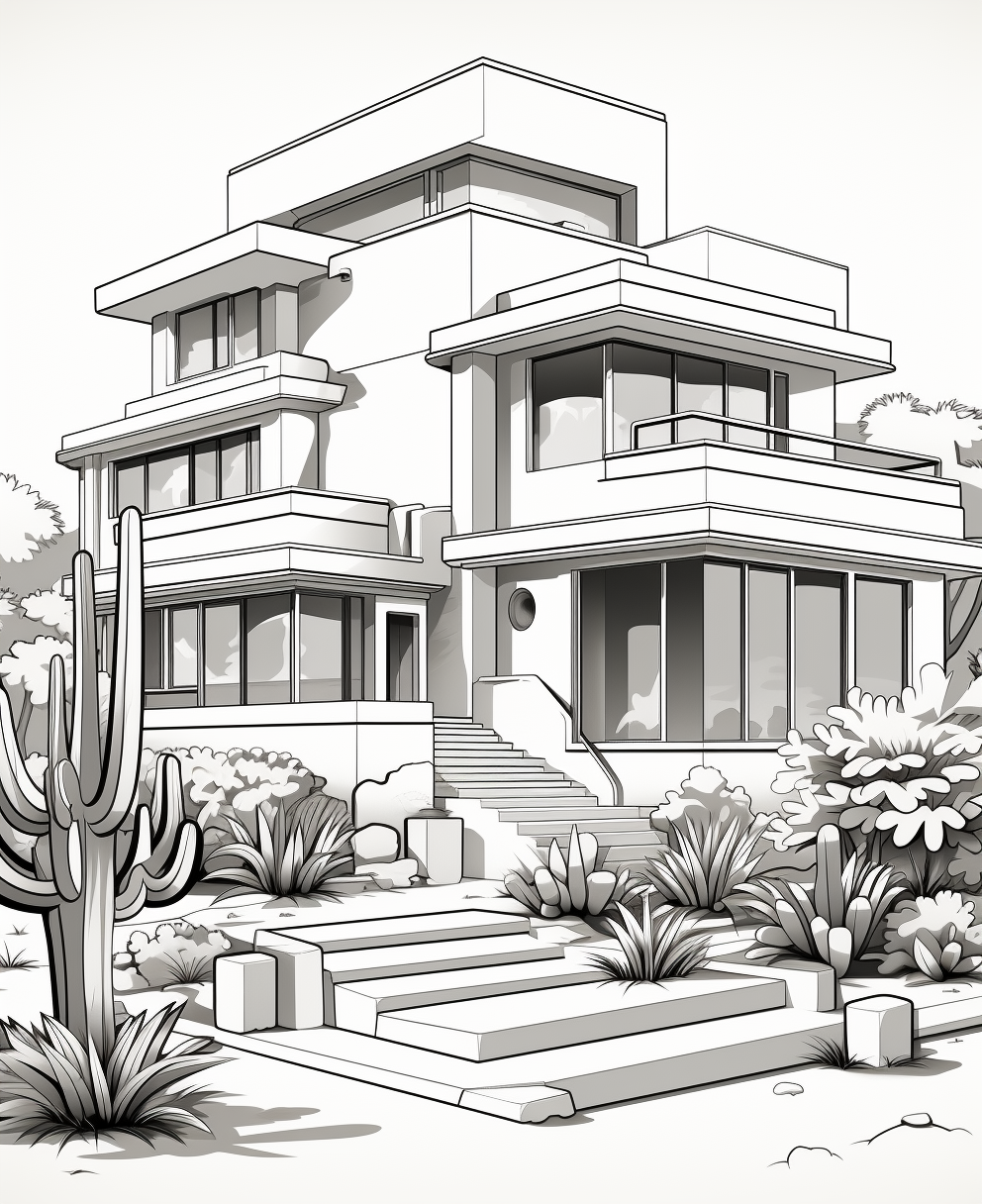 Coloring page of front view Barragan House in the city