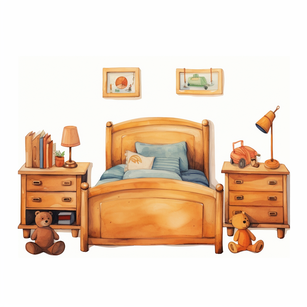 Front view of children room furniture sheet oil painting