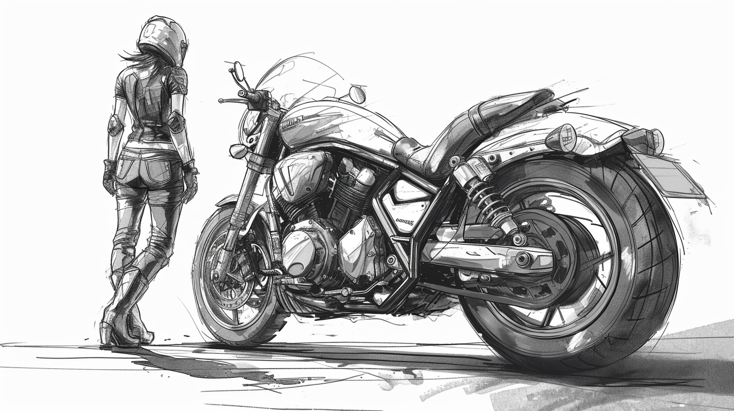 Motorcycle line drawing with person standing