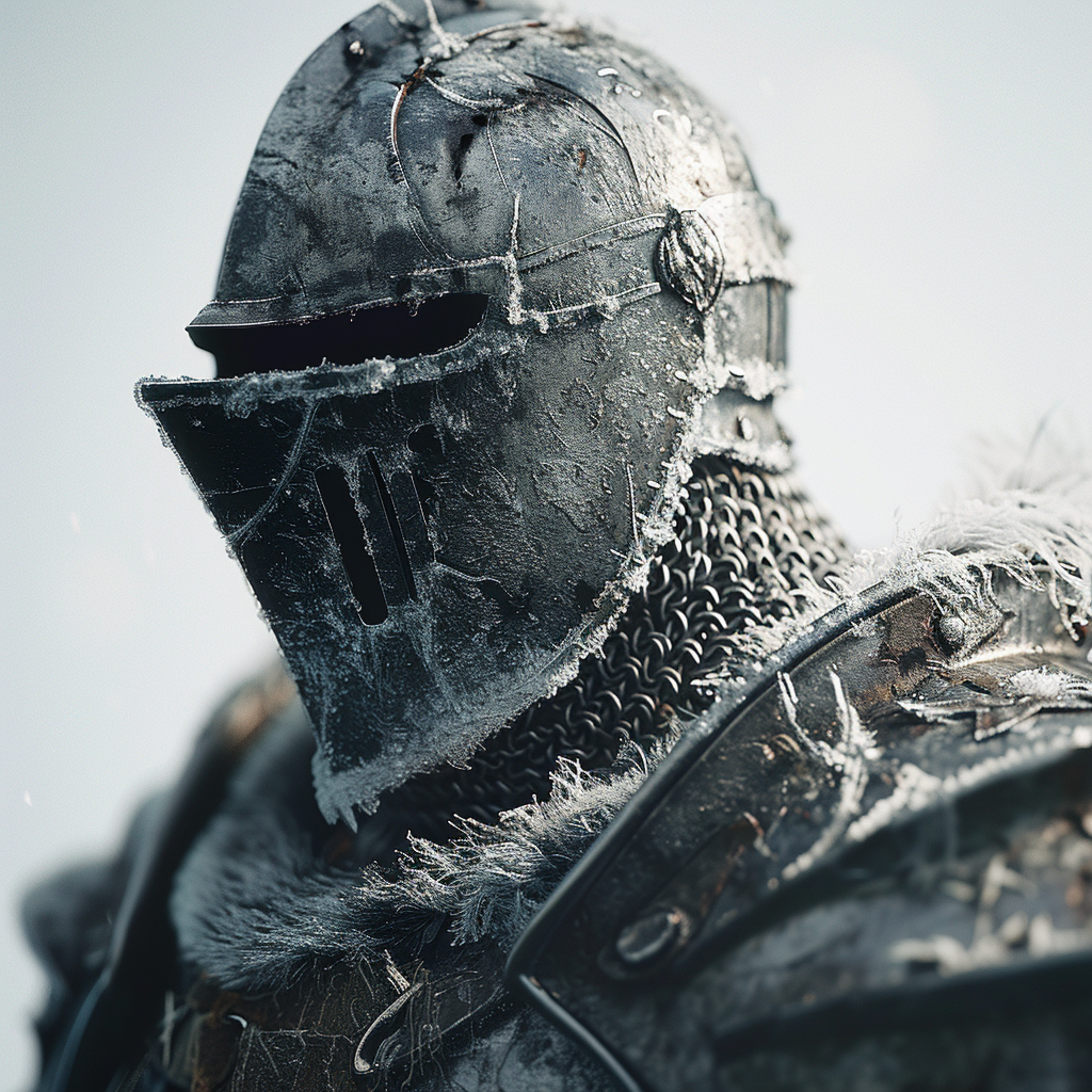 Close up portrait of frost covered knight armor with energy