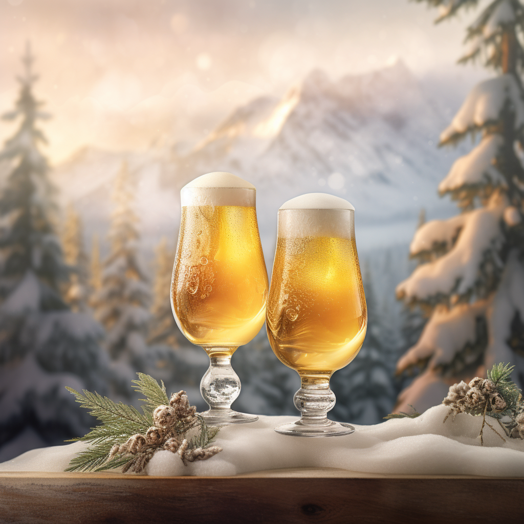 Frosted beer glass in winter mountain scenery