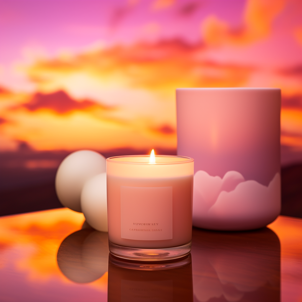 Frosted glass candle on pink sunset sky