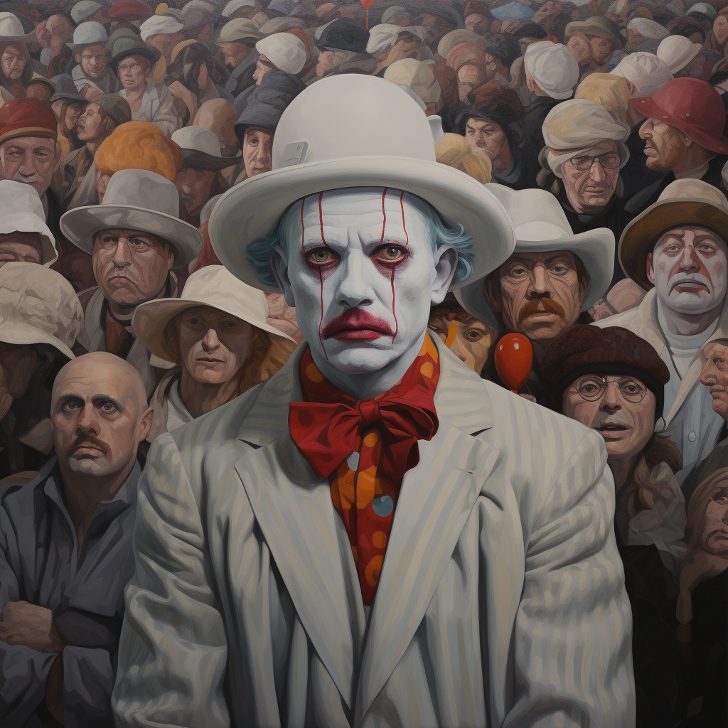 Frowning clown surrounded by gray hats