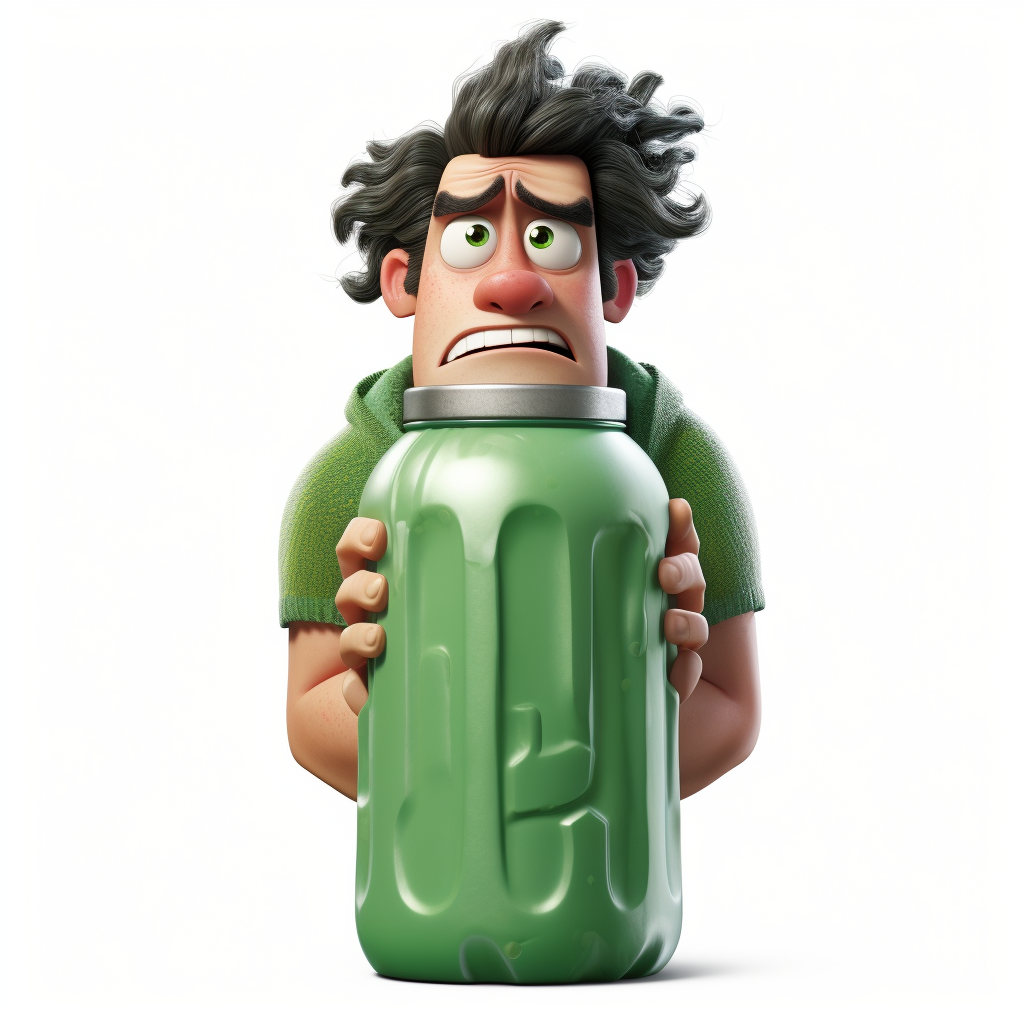 Pixar-style frowning green thermos character with chainsaw