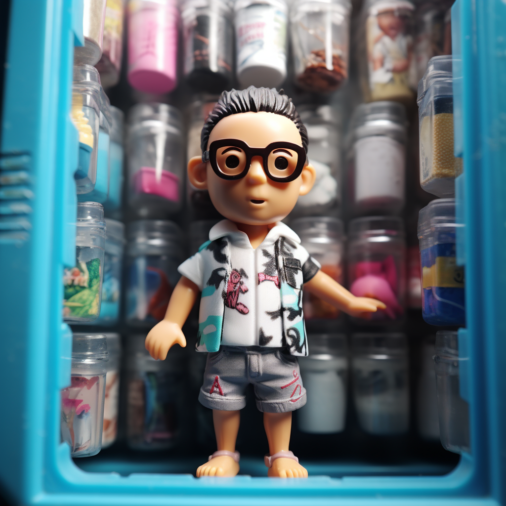 Miniature frozen Japanese man in swim trunks in vending machine