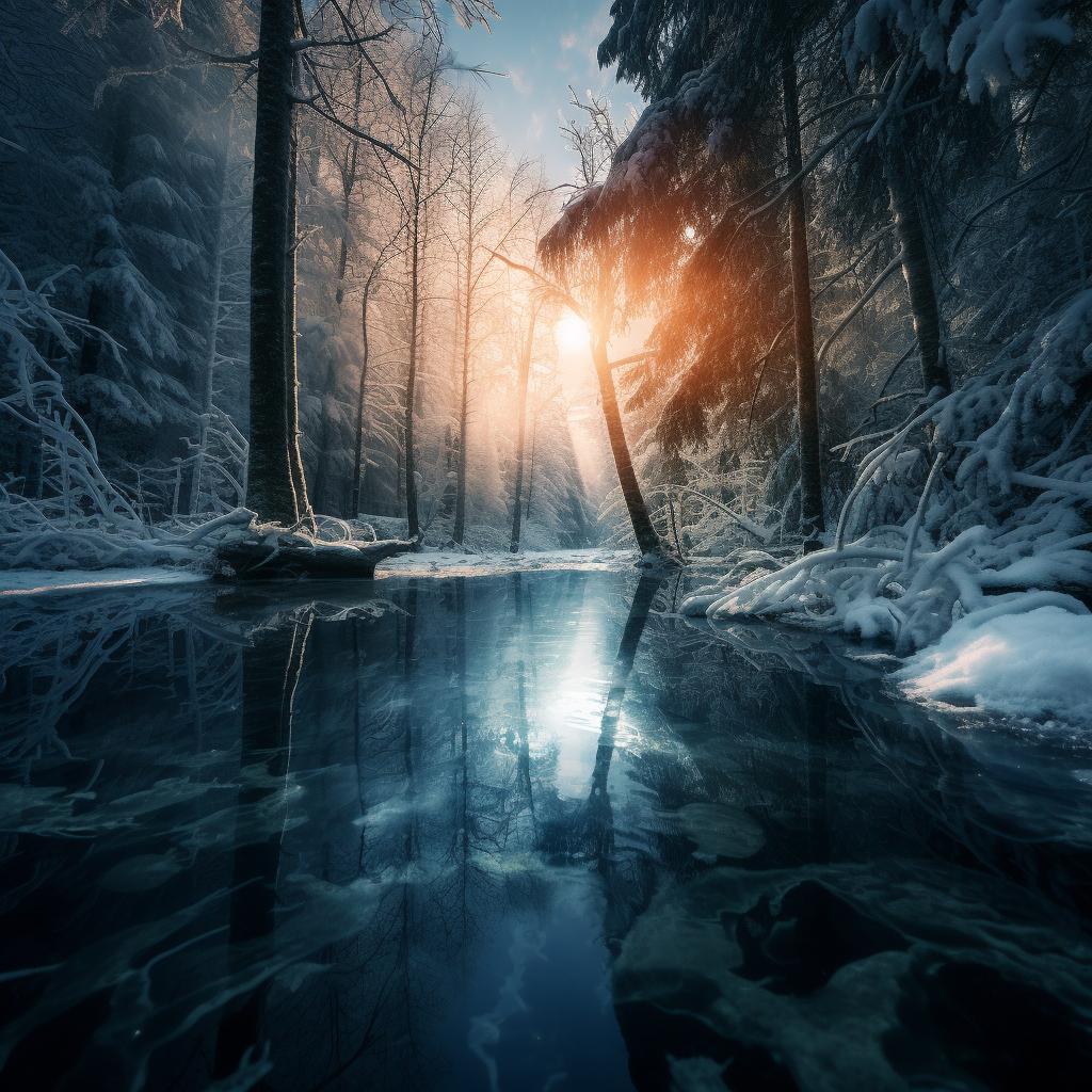 View of Frozen Lake Amongst Snowy Forest