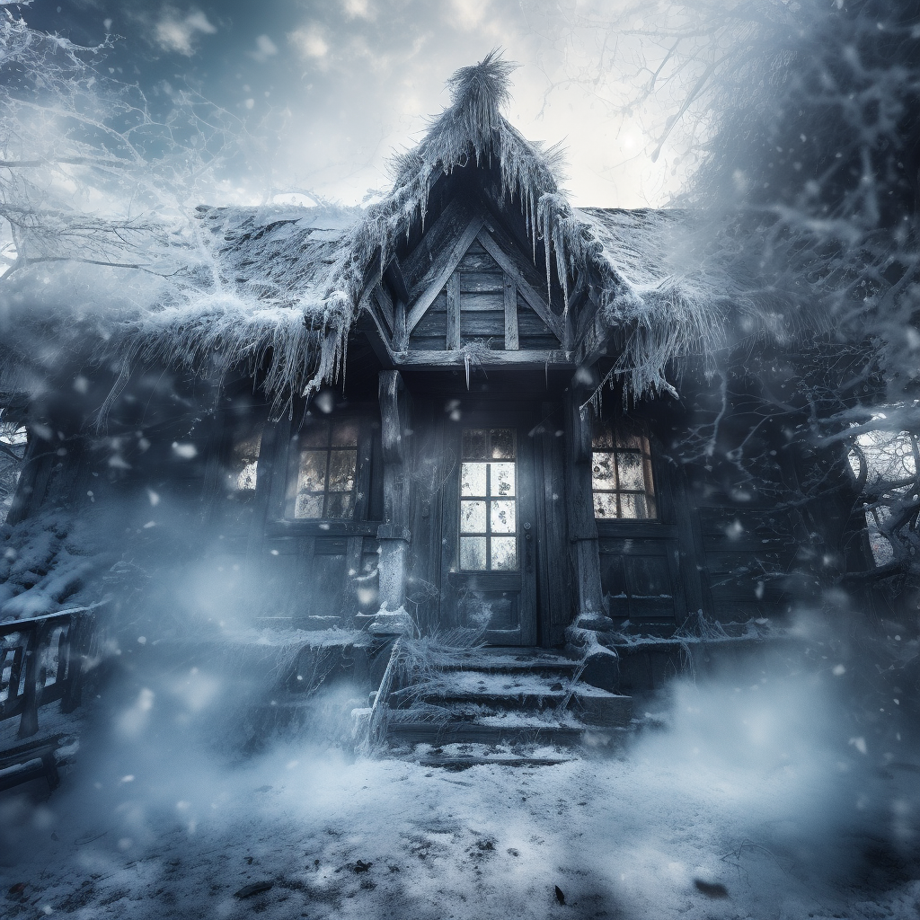 Snow-covered abandoned house with ghostly apparitions