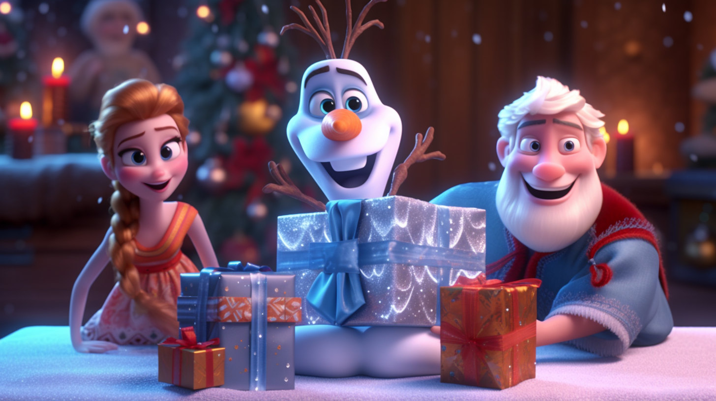 Elsa, Anna, Olaf, and Kristoff in Santa outfits around gift boxes  ?