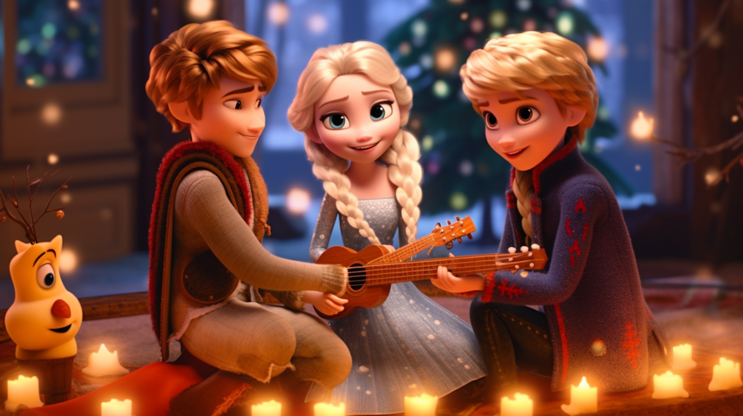 Elsa, Anna, Olaf, and Kristoff singing around a Christmas tree