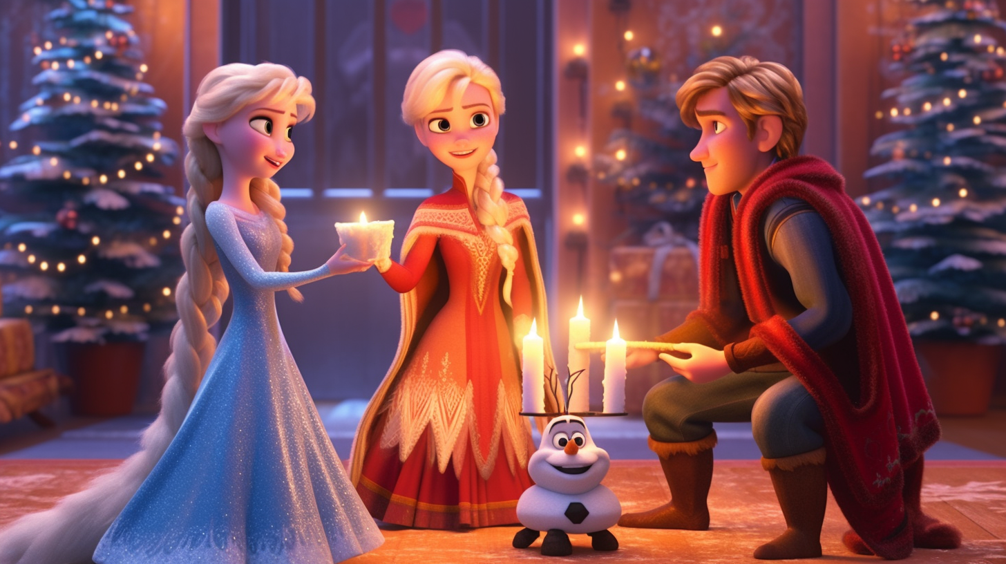 Frozen characters celebrating Christmas with gifts