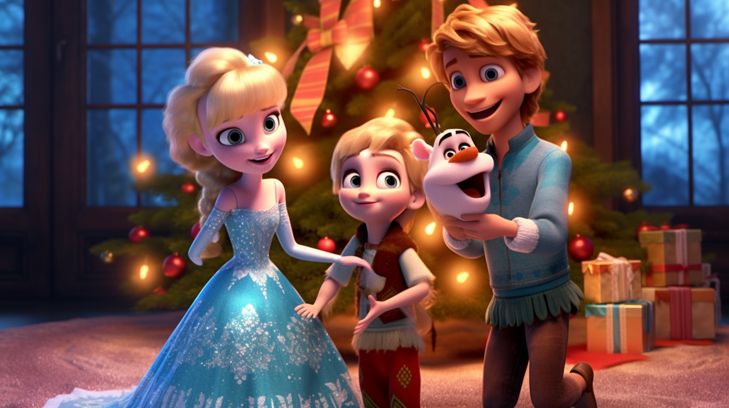 Elsa, Anna, Olaf, Kristoff in Christmas outfits