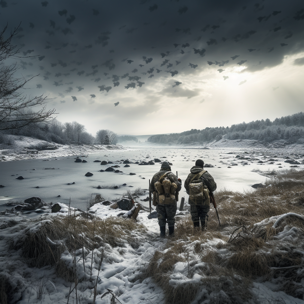 Two hunters near frozen lake in Aveyron