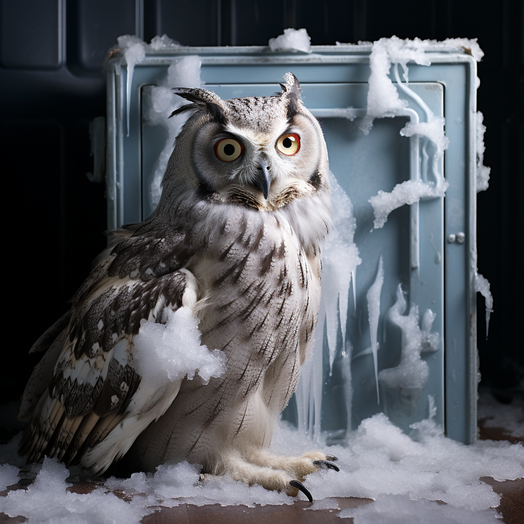 Frozen owl instills fear in running cat