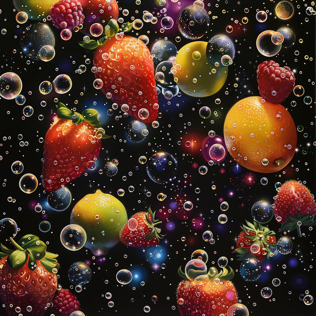 Real fruit bubbles celestial background