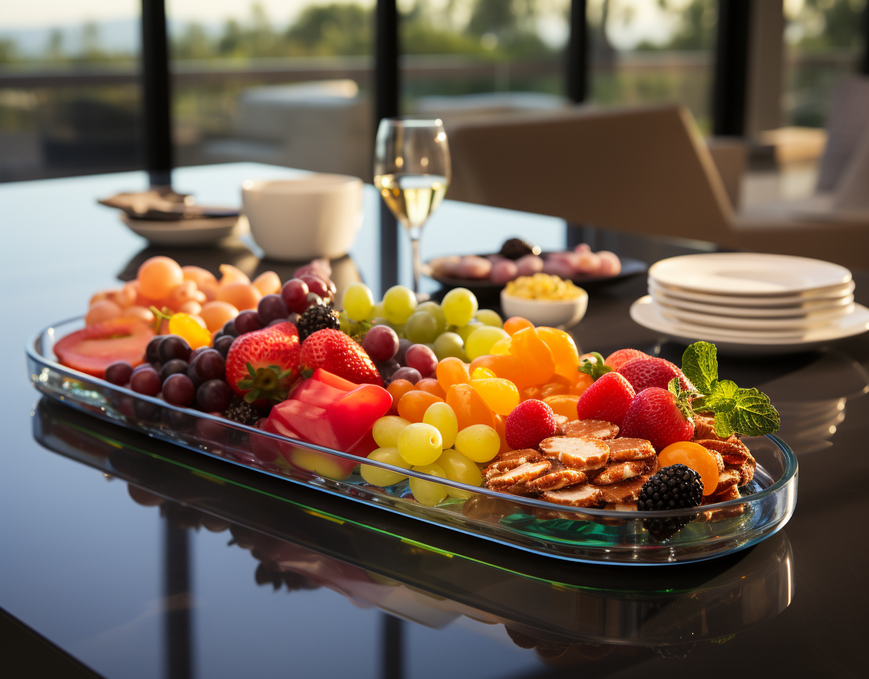 Fruit and Dessert Charcuterie on Glass Plate in Modern Kitchen