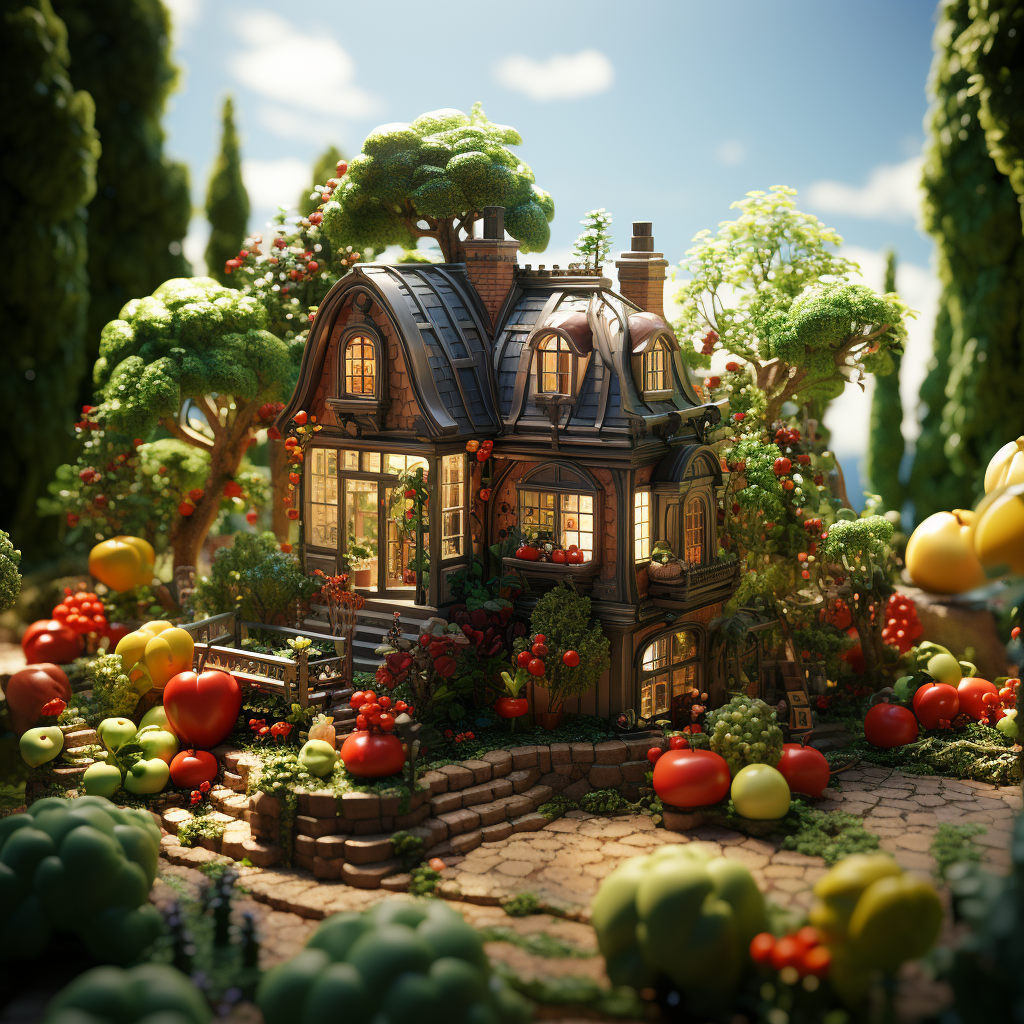 Pixar-style fruit garden with greenhouse and apple trees