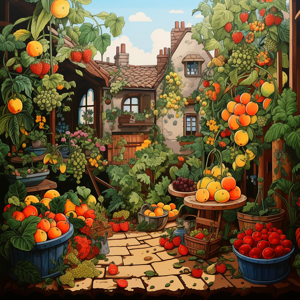 Abundant fruit garden with fresh fruits