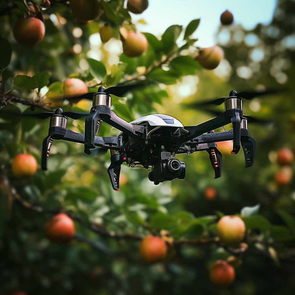 Quadcopter drone picking fruit from a tree