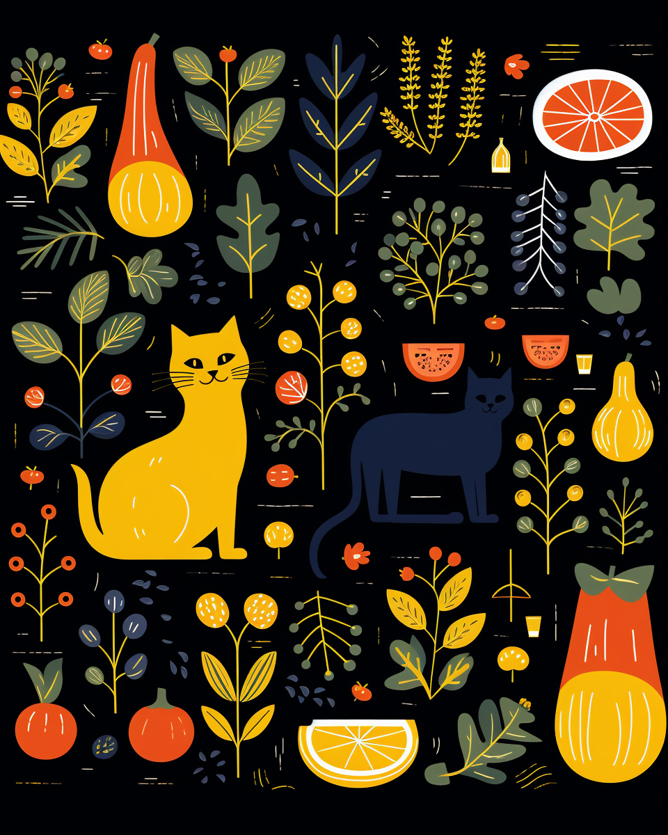 Colorful fruit, plant, and cat illustration